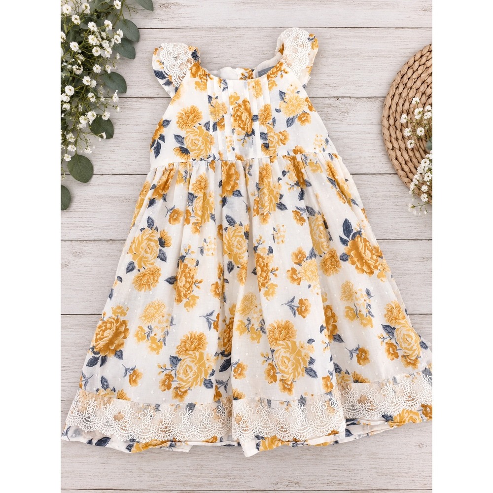 Tahari Floral Lace Trim Dress Toddler 4T White Yellow Swiss Dot